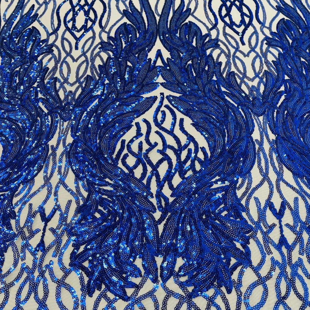 Wing Design Luxury Shiny Sequin - ROYAL BLUE - 4 Way Stretch Mesh Fabric – Prom & Evening Dress Material By The Yard.