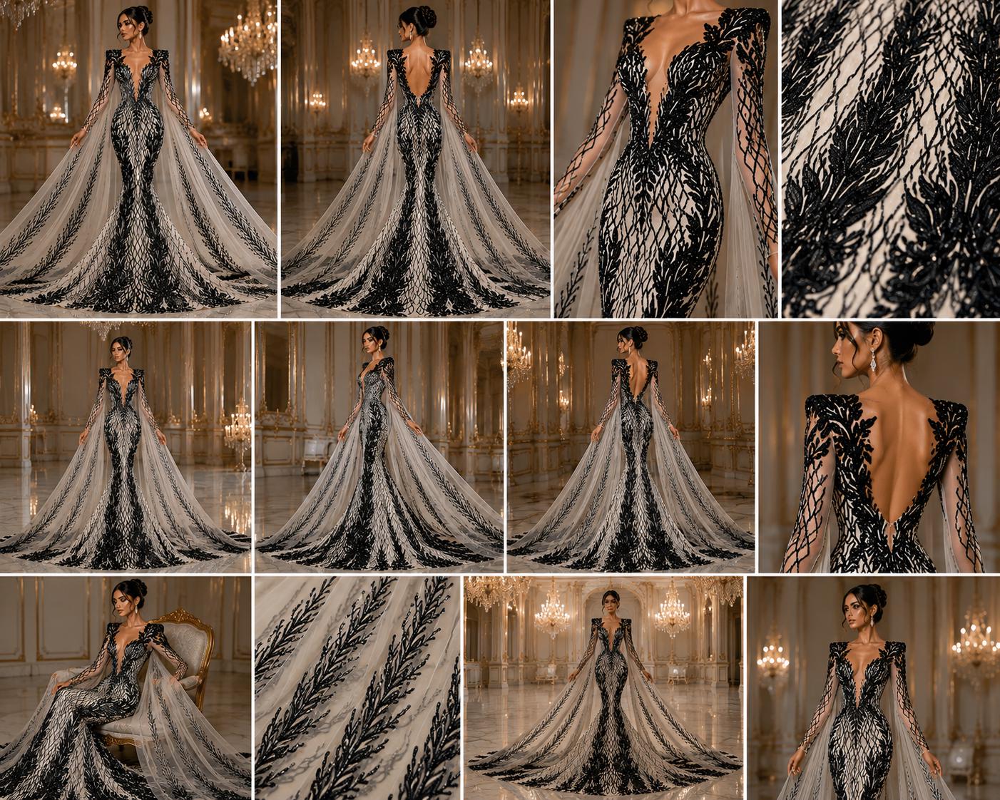 Wing Design Luxury Shiny Sequin - BLACK - 4 Way Stretch Mesh Fabric – Prom & Evening Dress Material By The Yard.