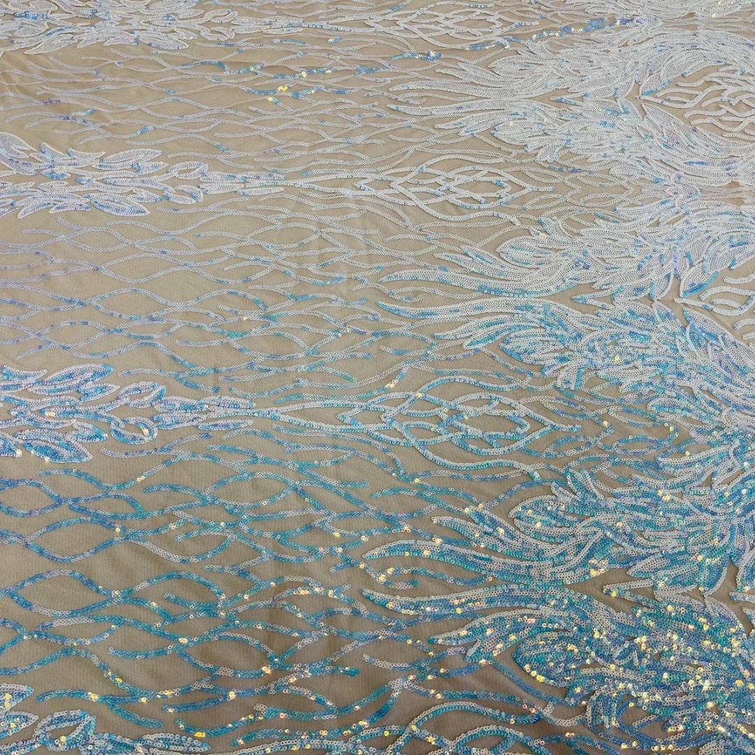 Wing Design Iridescent Luxury Shiny Sequin - AQUA/NUDE - 4 Way Stretch Mesh Fabric – Prom & Evening Dress Material By The Yard.