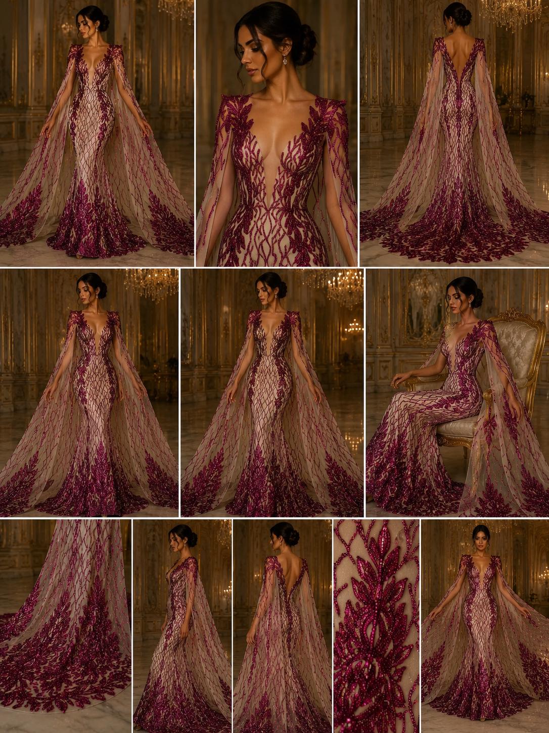 Wing Design Luxury Shiny Sequin - FUCHSIA/NUDE - 4 Way Stretch Mesh Fabric – Prom & Evening Dress Material By The Yard.
