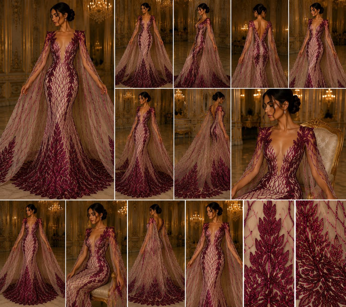 Wing Design Luxury Shiny Sequin - FUCHSIA/NUDE - 4 Way Stretch Mesh Fabric – Prom & Evening Dress Material By The Yard.