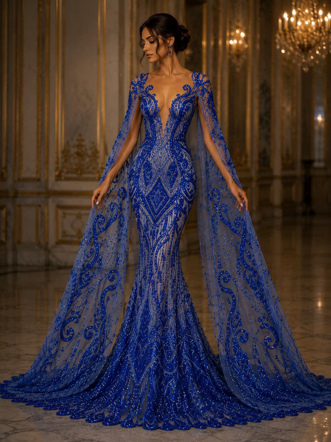 Feather Design Luxury Shiny Sequin - ROYAL BLUE - 4 Way Stretch Mesh Fabric – Prom & Evening Dress Material By The Yard.
