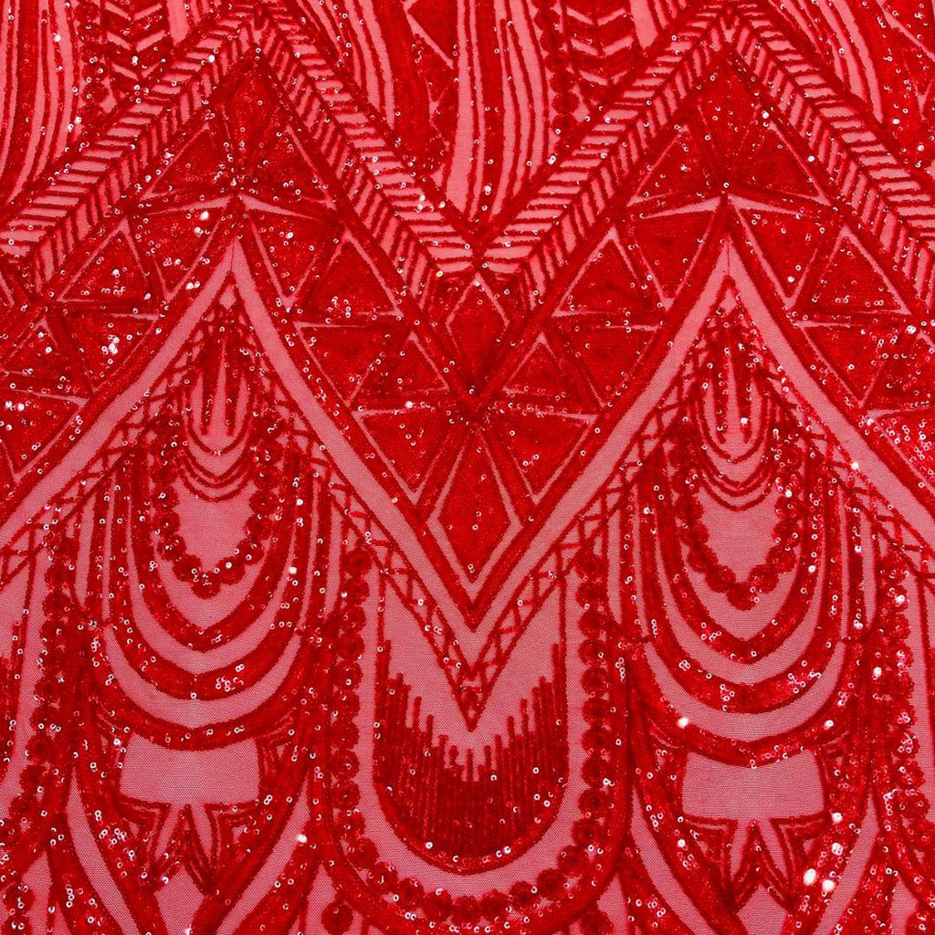 Feather Design Luxury Shiny Sequin - RED - 4 Way Stretch Mesh Fabric – Prom & Evening Dress Material By The Yard.