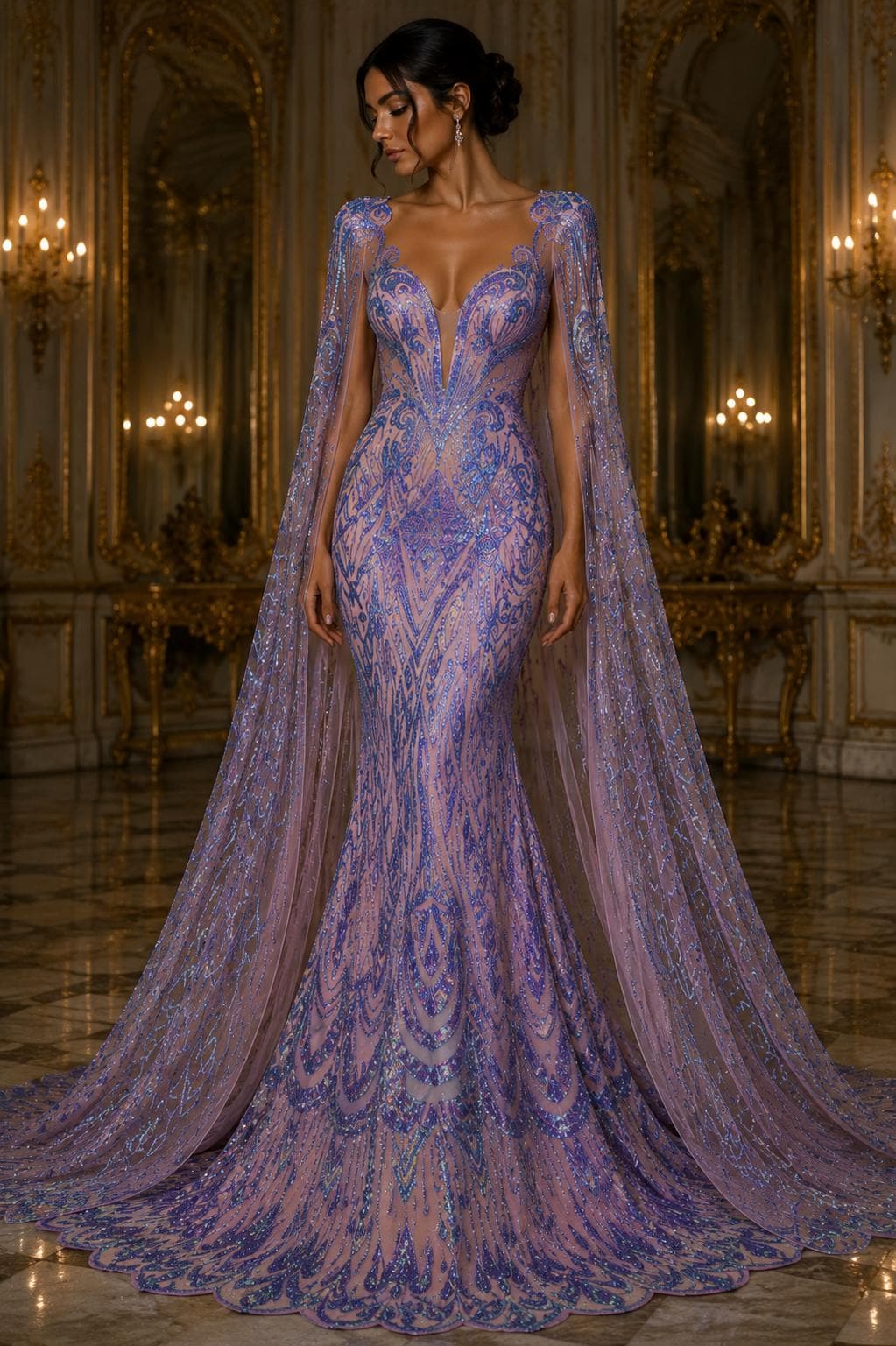 Feather Design Iridescent Luxury Shiny Sequin - LAVENDER - 4 Way Stretch Mesh Fabric – Prom & Evening Dress Material By The Yard.