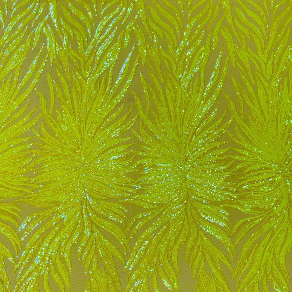 Feather Design Luxury Iridescent Shiny Sequin - NEON YELLOW - 4 Way Stretch Mesh Fabric – Prom & Evening Dress Material By The Yard.
