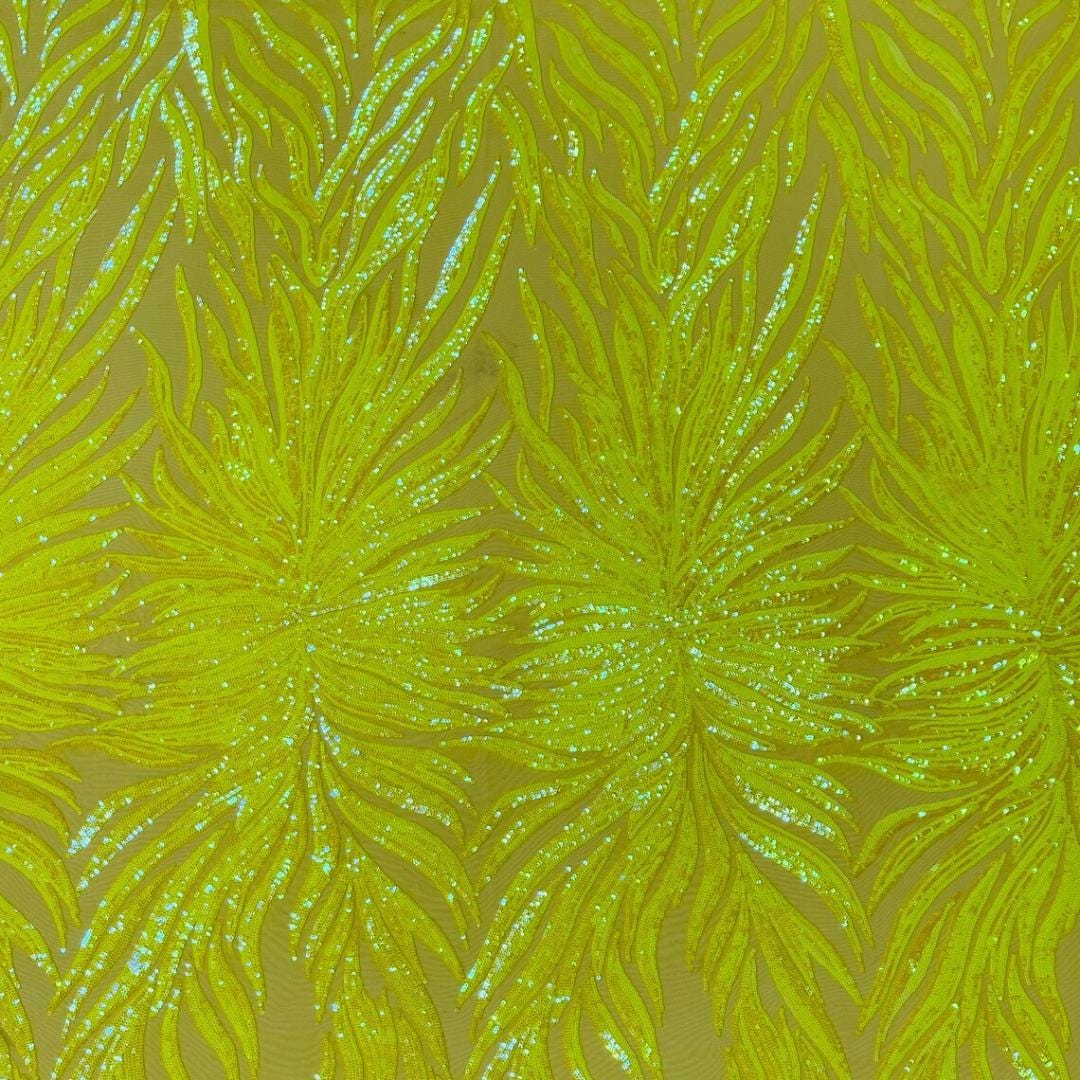 Feather Design Luxury Iridescent Shiny Sequin - NEON YELLOW - 4 Way Stretch Mesh Fabric – Prom & Evening Dress Material By The Yard.