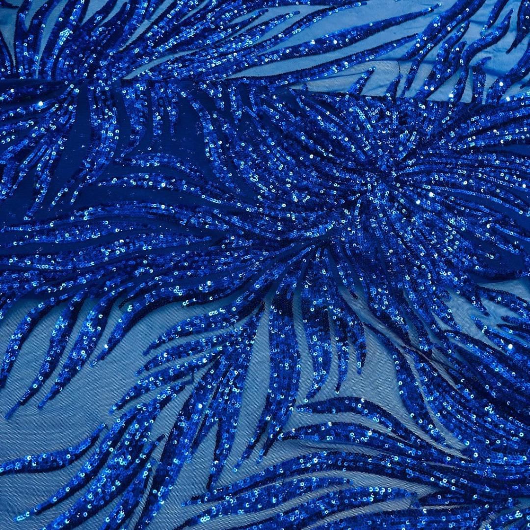 Feather Design Luxury Shiny Sequin - ROYAL - 4 Way Stretch Mesh Fabric – Prom & Evening Dress Material By The Yard.