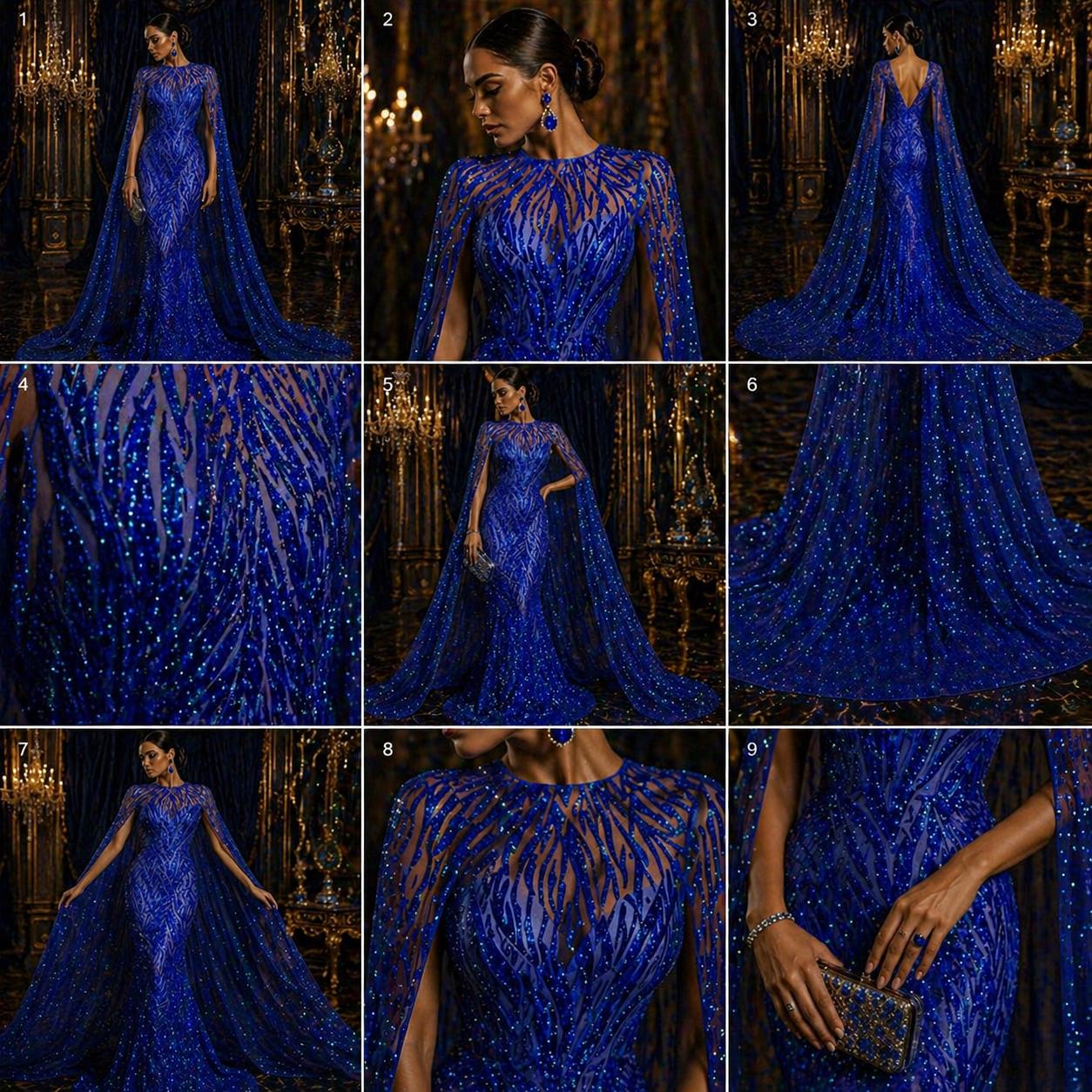 Feather Design Luxury Shiny Sequin - ROYAL - 4 Way Stretch Mesh Fabric – Prom & Evening Dress Material By The Yard.