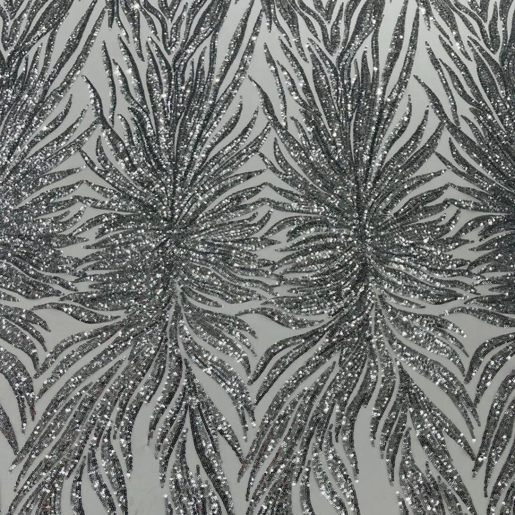 Feather Design Luxury Shiny Sequin - SILVER - 4 Way Stretch Mesh Fabric – Prom & Evening Dress Material By The Yard.