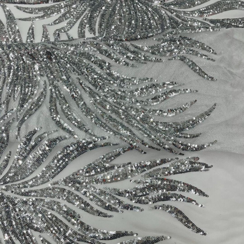Feather Design Luxury Shiny Sequin - SILVER - 4 Way Stretch Mesh Fabric – Prom & Evening Dress Material By The Yard.
