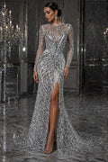 Feather Design Luxury Shiny Sequin - SILVER - 4 Way Stretch Mesh Fabric – Prom & Evening Dress Material By The Yard.