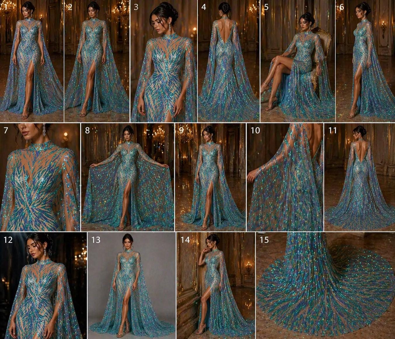 Feather Design Luxury Iridescent Shiny Sequin - MINT - 4 Way Stretch Mesh Fabric – Prom & Evening Dress Material By The Yard.
