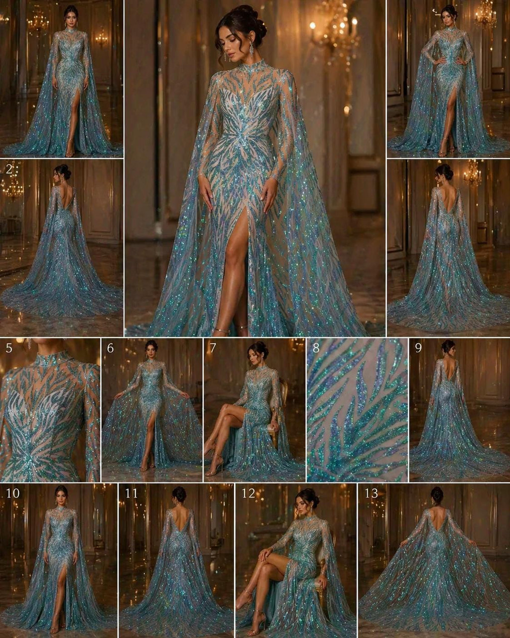 Feather Design Luxury Iridescent Shiny Sequin - MINT - 4 Way Stretch Mesh Fabric – Prom & Evening Dress Material By The Yard.