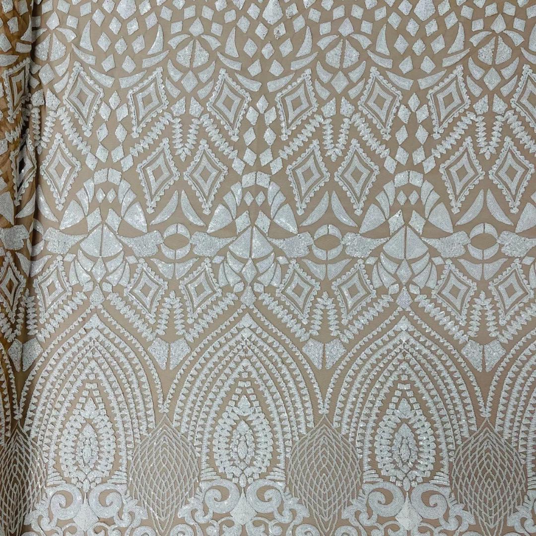 Geometric Design Luxury Shiny Sequin - WHITE/NUDE - 4 Way Stretch Mesh Fabric – Prom & Evening Dress Material By The Yard.