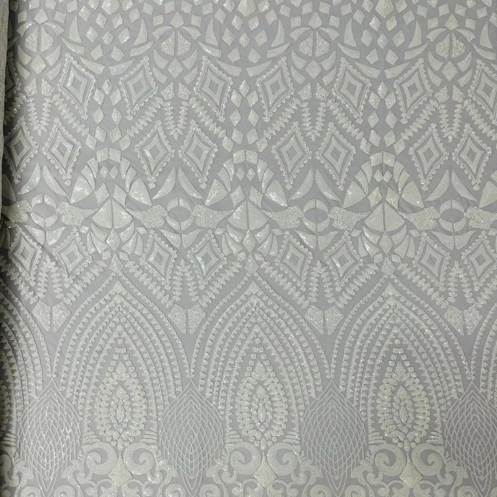 Geometric Design Luxury Shiny Sequin - WHITE - 4 Way Stretch Mesh Fabric – Prom & Evening Dress Material By The Yard.