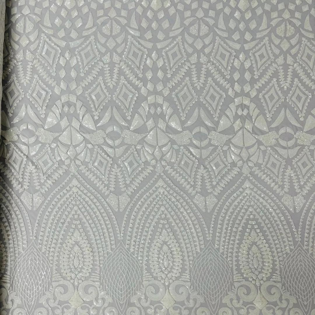 Geometric Design Luxury Shiny Sequin - WHITE - 4 Way Stretch Mesh Fabric – Prom & Evening Dress Material By The Yard.