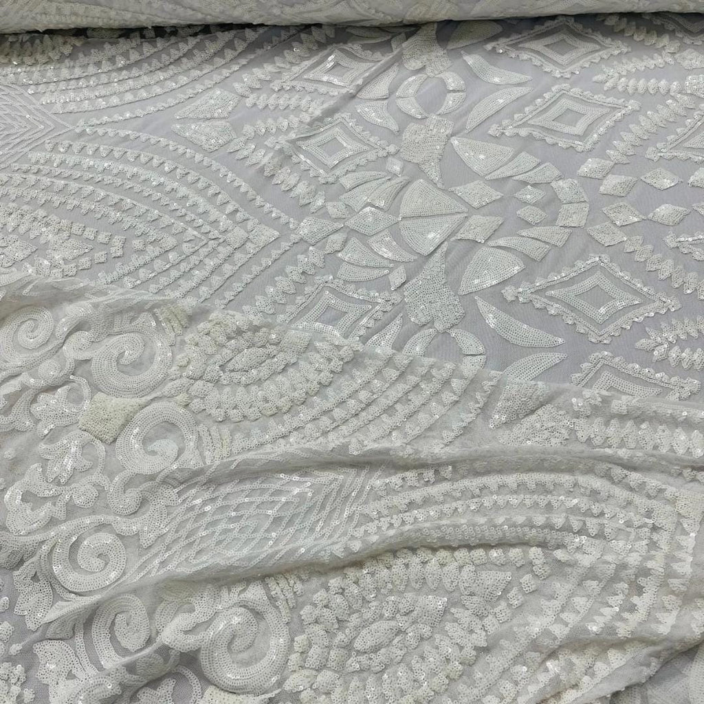 Geometric Design Luxury Shiny Sequin - WHITE - 4 Way Stretch Mesh Fabric – Prom & Evening Dress Material By The Yard.