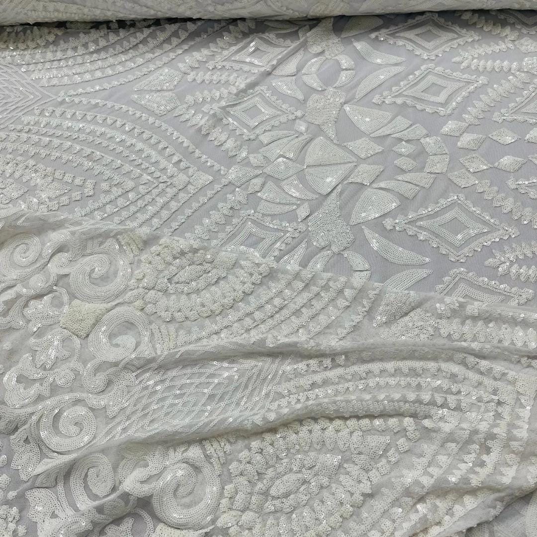 Geometric Design Luxury Shiny Sequin - WHITE - 4 Way Stretch Mesh Fabric – Prom & Evening Dress Material By The Yard.