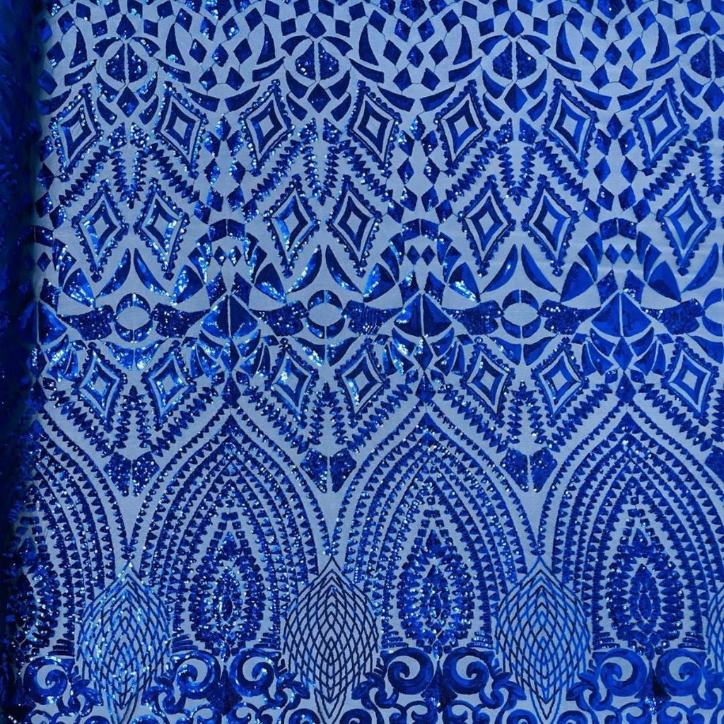 Geometric Design Luxury Shiny Sequin - ROYAL - 4 Way Stretch Mesh Fabric – Prom & Evening Dress Material By The Yard.