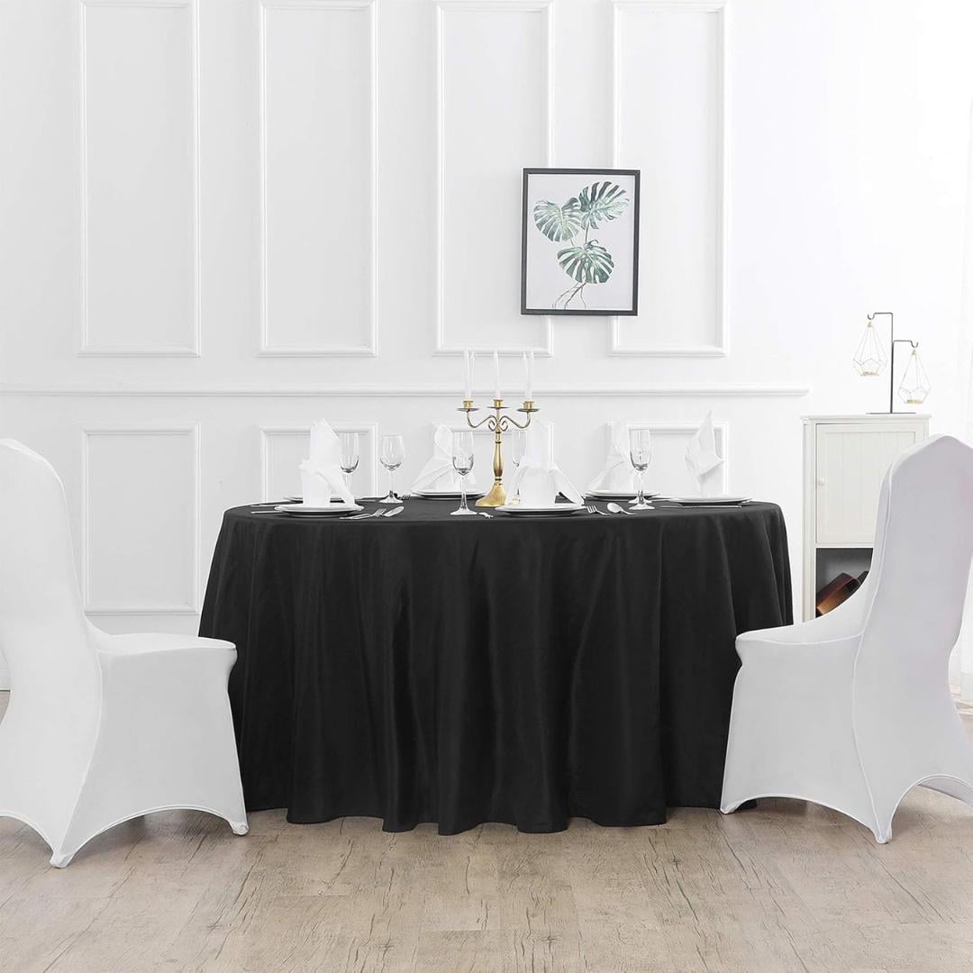 BLACK - 108" Round Polyester Poplin Washable Tablecloth, Stain Wrinkle Resistant Table Cover - Fabric Table Cloth Dinning, Kitchen, Party