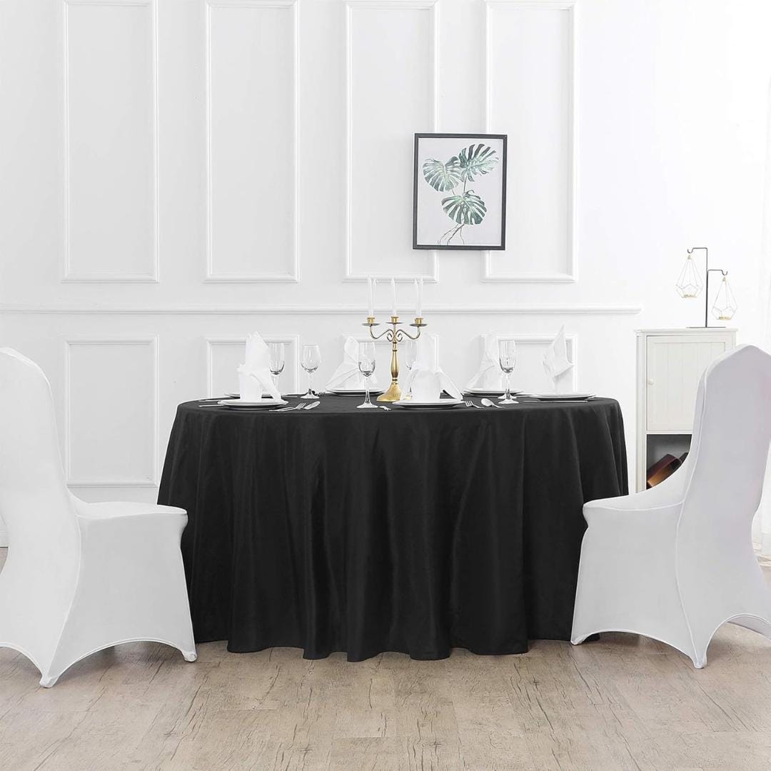 BLACK - 120" Round Polyester Poplin Washable Tablecloth, Stain Wrinkle Resistant Table Cover - Fabric Table Cloth Dinning, Kitchen, Party