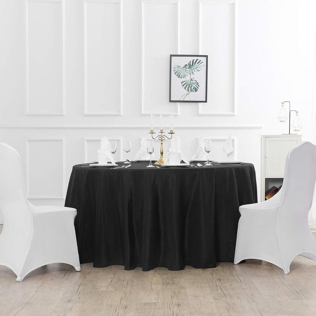 BLACK - 132" Round Polyester Poplin Washable Tablecloth, Stain Wrinkle Resistant Table Cover - Fabric Table Cloth Dinning, Kitchen, Party