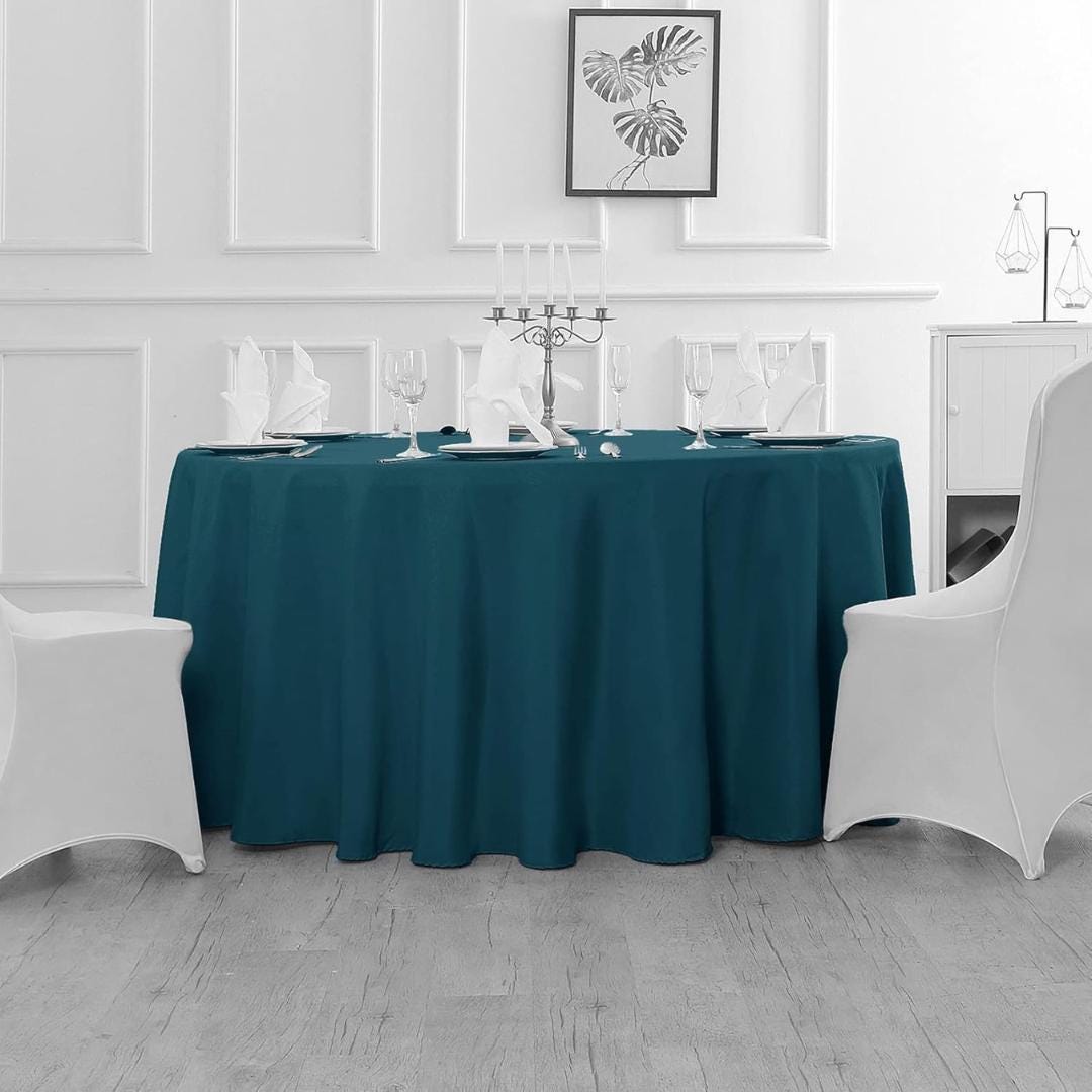 PEACOCK BLUE - 120" Round Polyester Poplin Washable Tablecloth Stain Wrinkle Resistant Table Cover Fabric Table Cloth Dinning, Kitchen,Party