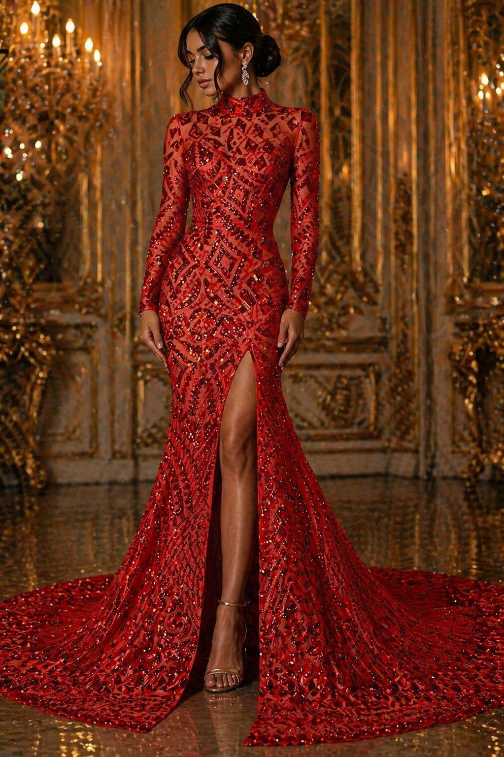 Geometric Design Luxury Shiny Sequin - RED - 4 Way Stretch Mesh Fabric – Prom & Evening Dress Material By The Yard.
