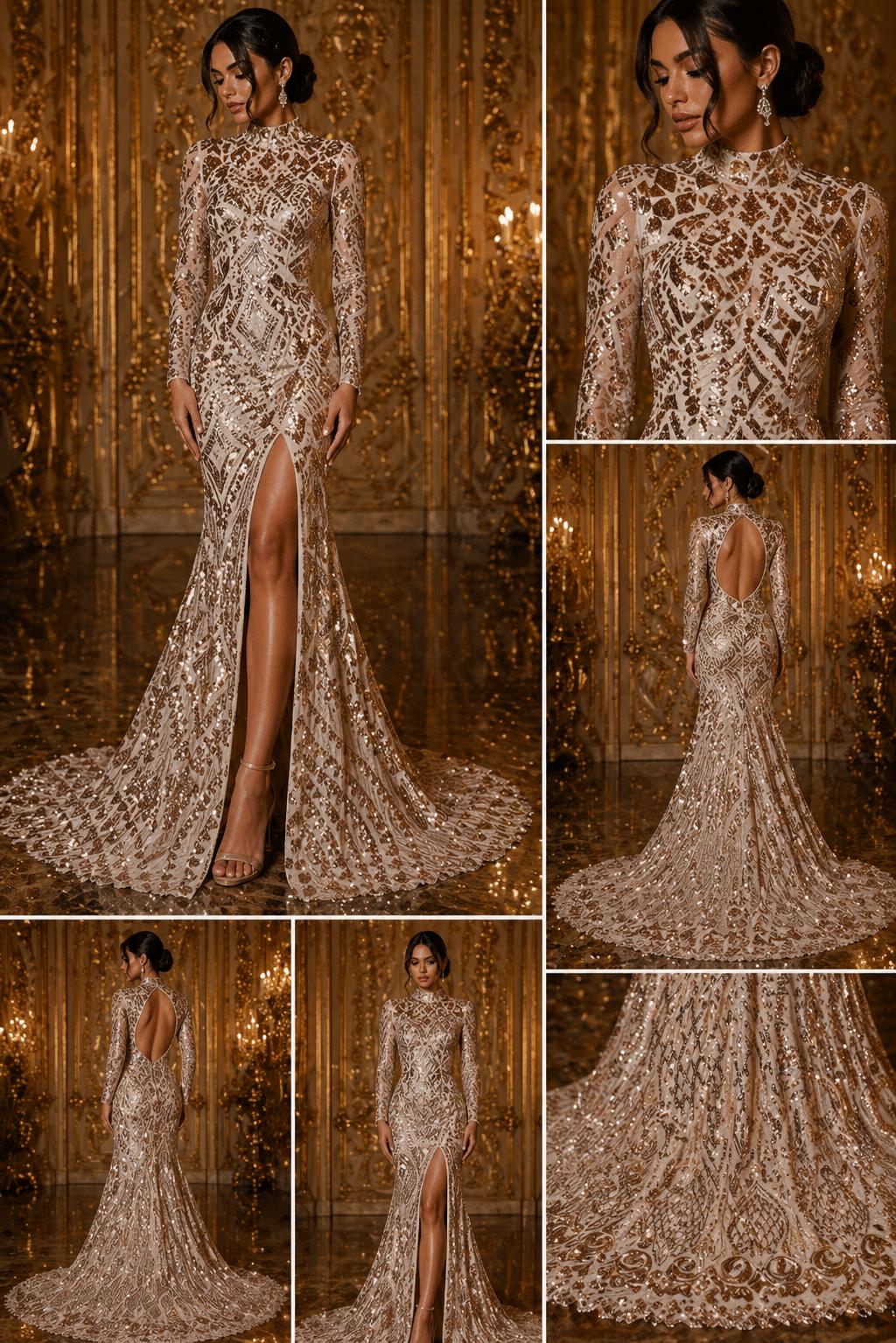Geometric Design Luxury Shiny Sequin - ROSEGOLD - 4 Way Stretch Mesh Fabric – Prom & Evening Dress Material By The Yard.