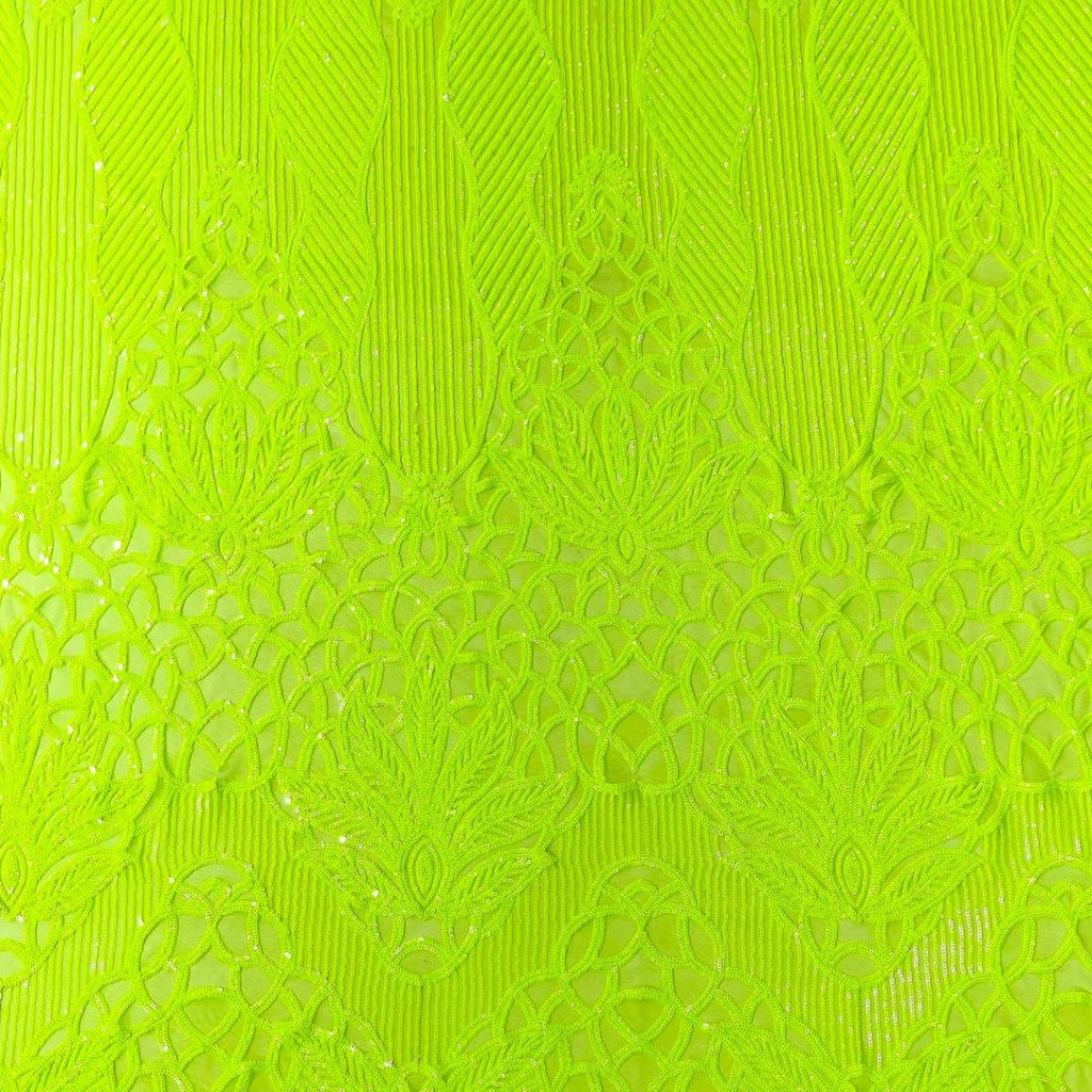 Glossy Design Luxury Shiny Sequin - NEON GREEN - 4 Way Stretch Mesh Fabric – Prom & Evening Dress Material By The Yard.