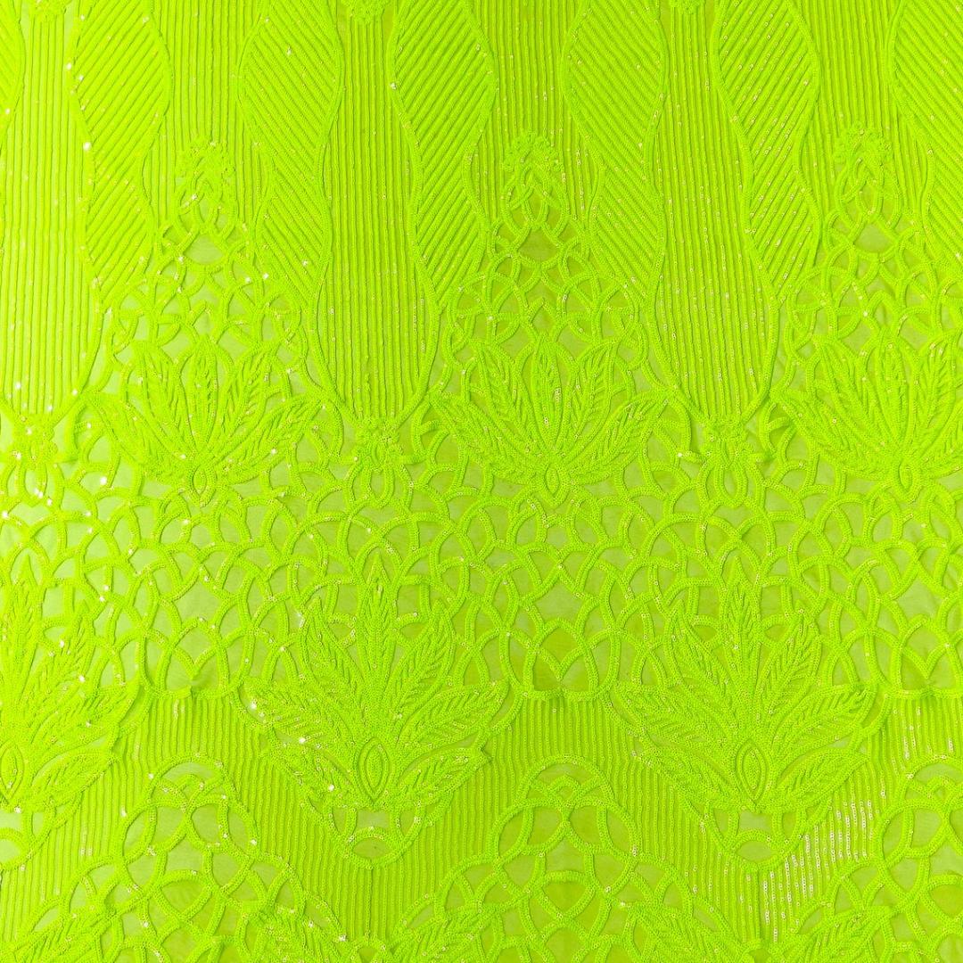 Glossy Design Luxury Shiny Sequin - NEON GREEN - 4 Way Stretch Mesh Fabric – Prom & Evening Dress Material By The Yard.