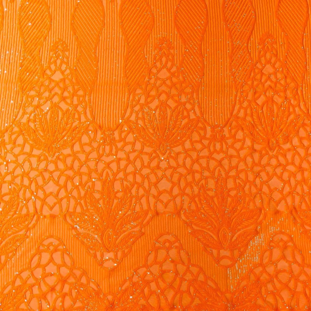Glossy Design Luxury Shiny Sequin - NEON ORANGE - 4 Way Stretch Mesh Fabric – Prom & Evening Dress Material By The Yard.