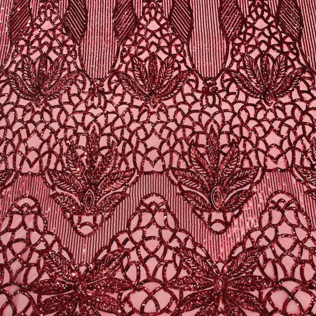 Glossy Design Luxury Shiny Sequin - BURGUNDY - 4 Way Stretch Mesh Fabric – Prom & Evening Dress Material By The Yard.