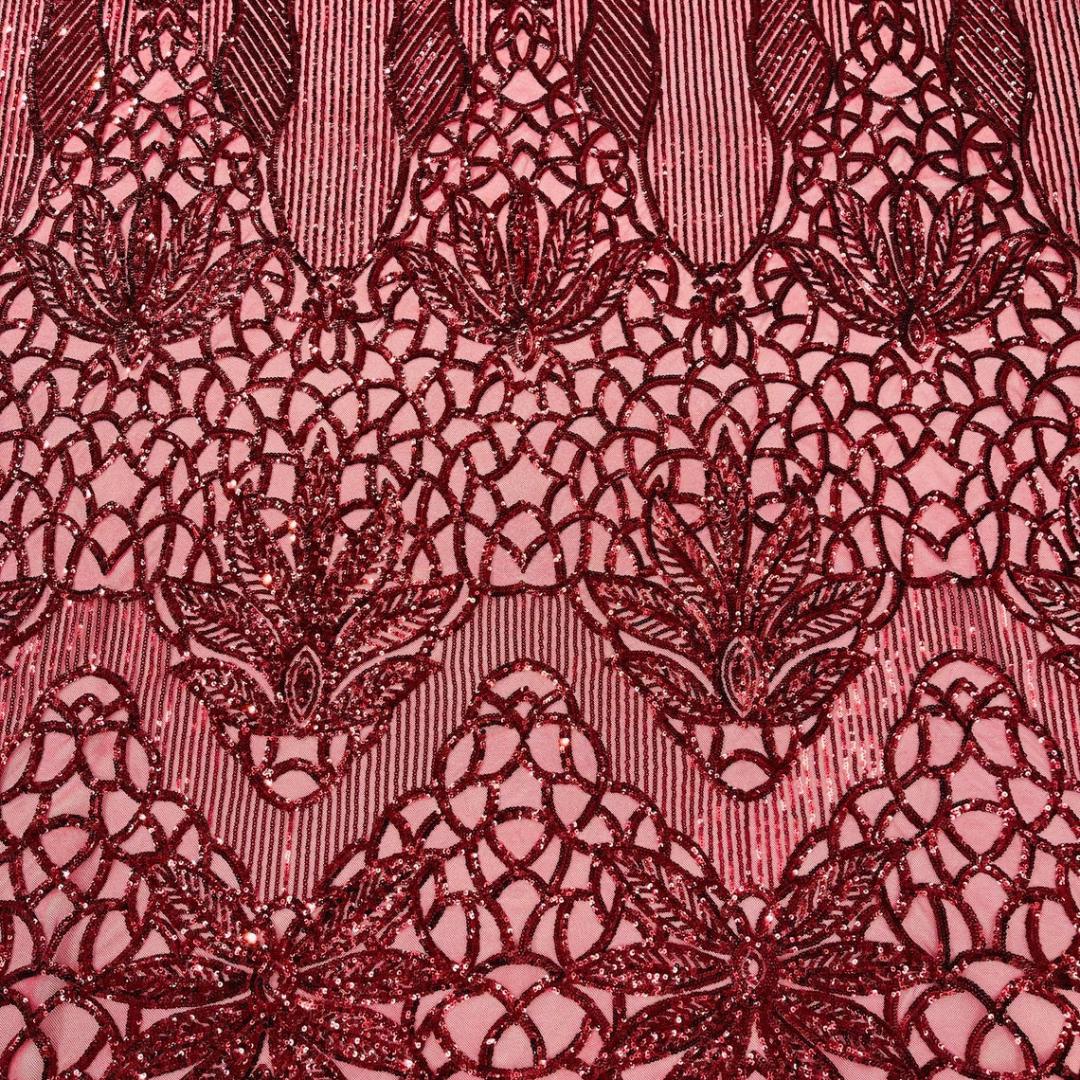Glossy Design Luxury Shiny Sequin - BURGUNDY - 4 Way Stretch Mesh Fabric – Prom & Evening Dress Material By The Yard.
