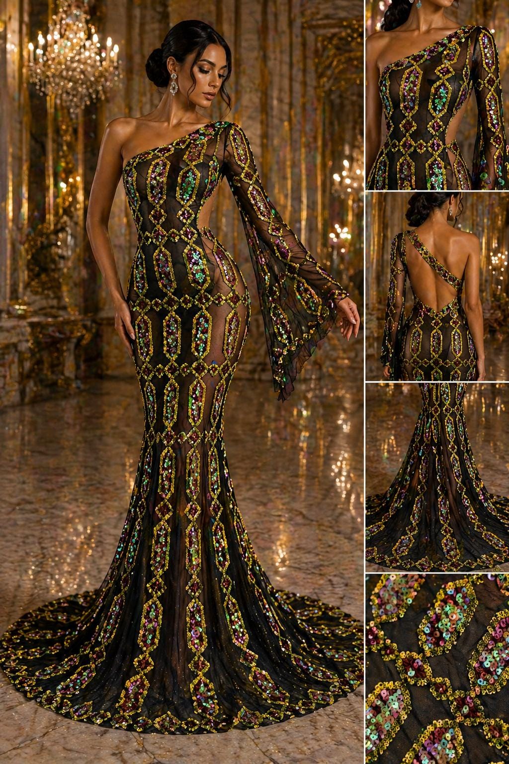 Jewel Design Iridescent Luxury Multi Color Sequin - MossGreen/Pink - 4 Way Stretch Mesh Fabric – Prom & Evening Dress Material By The Yard.