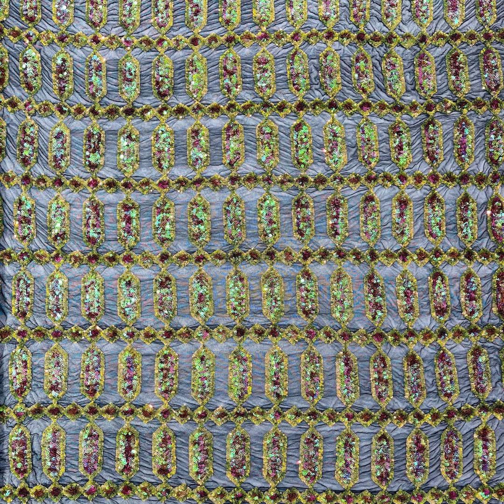 Jewel Design Iridescent Luxury Multi Color Sequin - MossGreen/Pink - 4 Way Stretch Mesh Fabric – Prom & Evening Dress Material By The Yard.