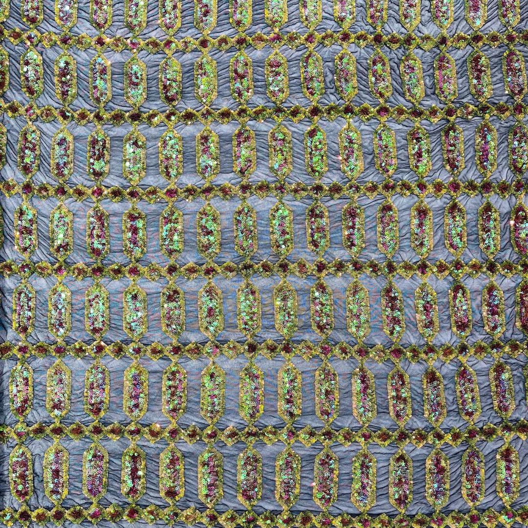 Jewel Design Iridescent Luxury Multi Color Sequin - MossGreen/Pink - 4 Way Stretch Mesh Fabric – Prom & Evening Dress Material By The Yard.