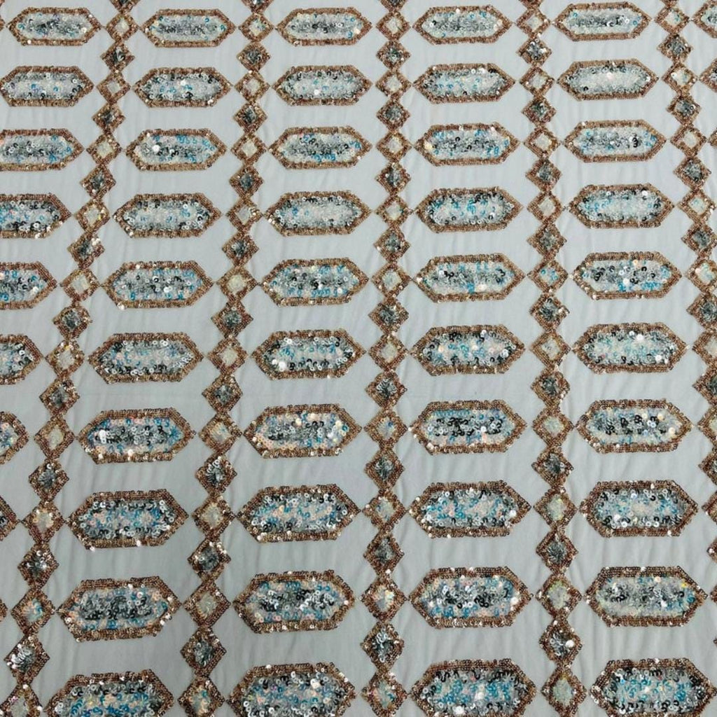 Jewel Design Iridescent Luxury Multi Color Sequin - Aqua/Rose Gold 4 Way Stretch Mesh Fabric – Prom & Evening Dress Material By The Yard.