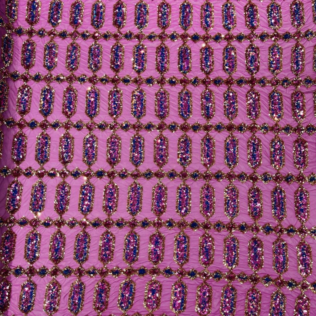 Jewel Design Iridescent Luxury Multi Color Sequin - Fuchsia/Gold -  4 Way Stretch Mesh Fabric – Prom & Evening Dress Material By The Yard.