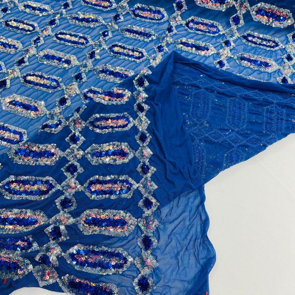 Jewel Design Iridescent Luxury Multi Color Sequin - Royal/Silver -  4 Way Stretch Mesh Fabric – Prom & Evening Dress Material By The Yard.