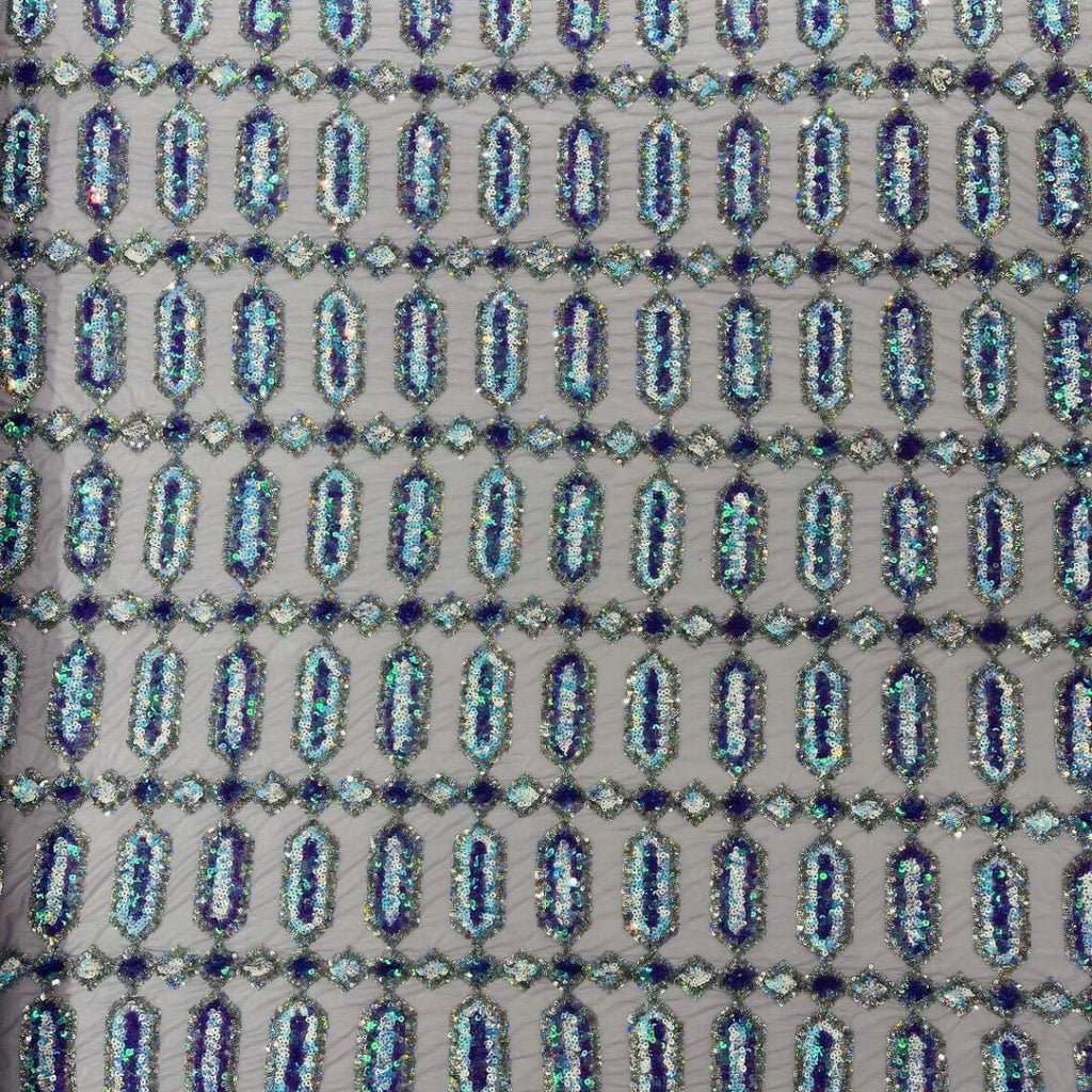 Jewel Design Iridescent Luxury Multi Color Sequin - Lilac/Aqua - 4 Way Stretch Mesh Fabric – Prom & Evening Dress Material By The Yard.