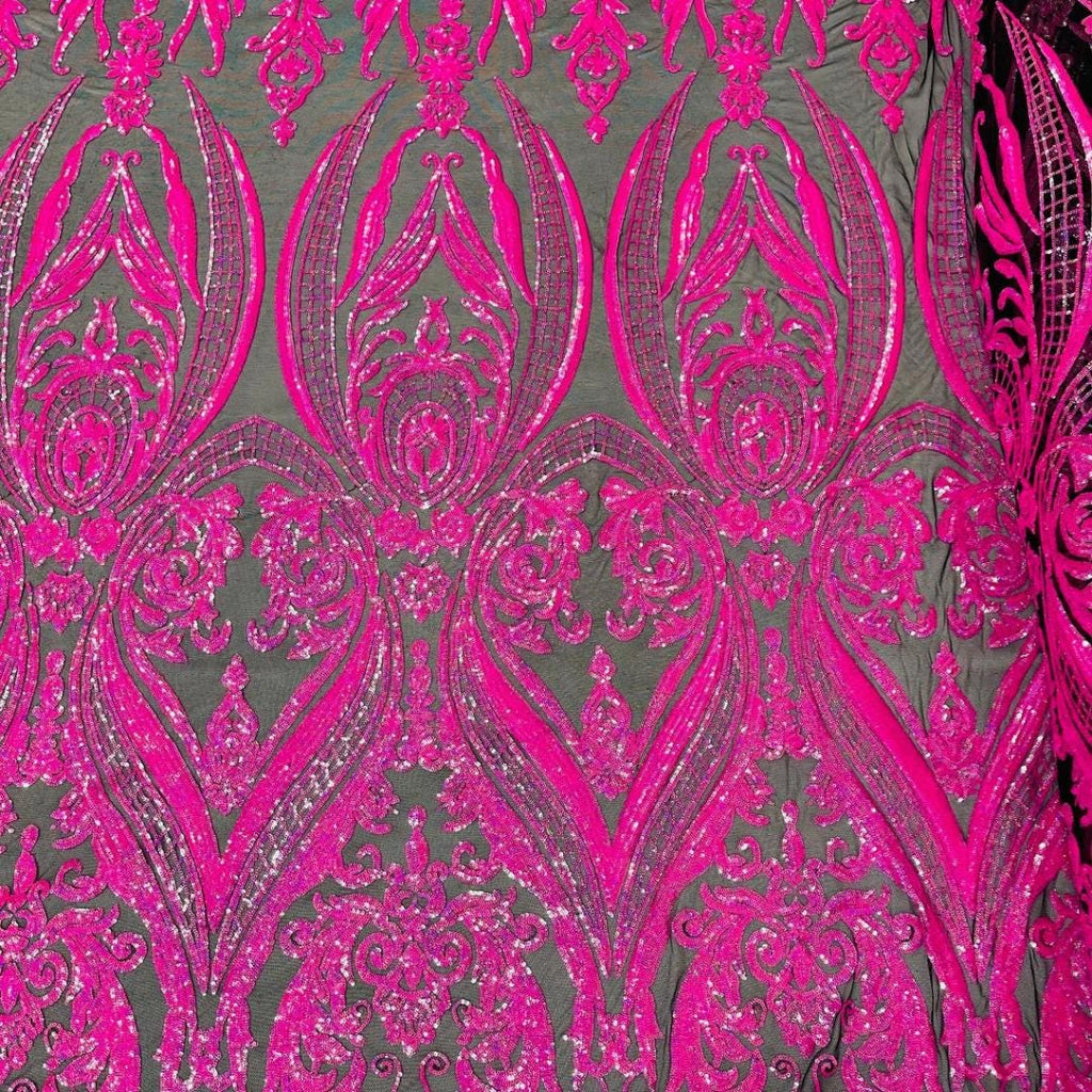 Neon Hot Pink - Marvelous Luxury Shiny Sequin 4-Way Stretch Mesh Fabric – Prom & Evening Dress Material By The Yard.