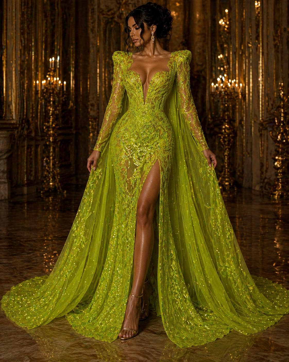 Neon Green - Marvelous Luxury Shiny Sequin 4-Way Stretch Mesh Fabric – Prom & Evening Dress Material By The Yard.