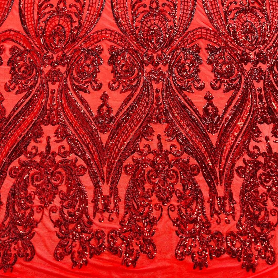Red - Marvelous Luxury Shiny Sequin 4-Way Stretch Mesh Fabric – Prom & Evening Dress Material By The Yard.