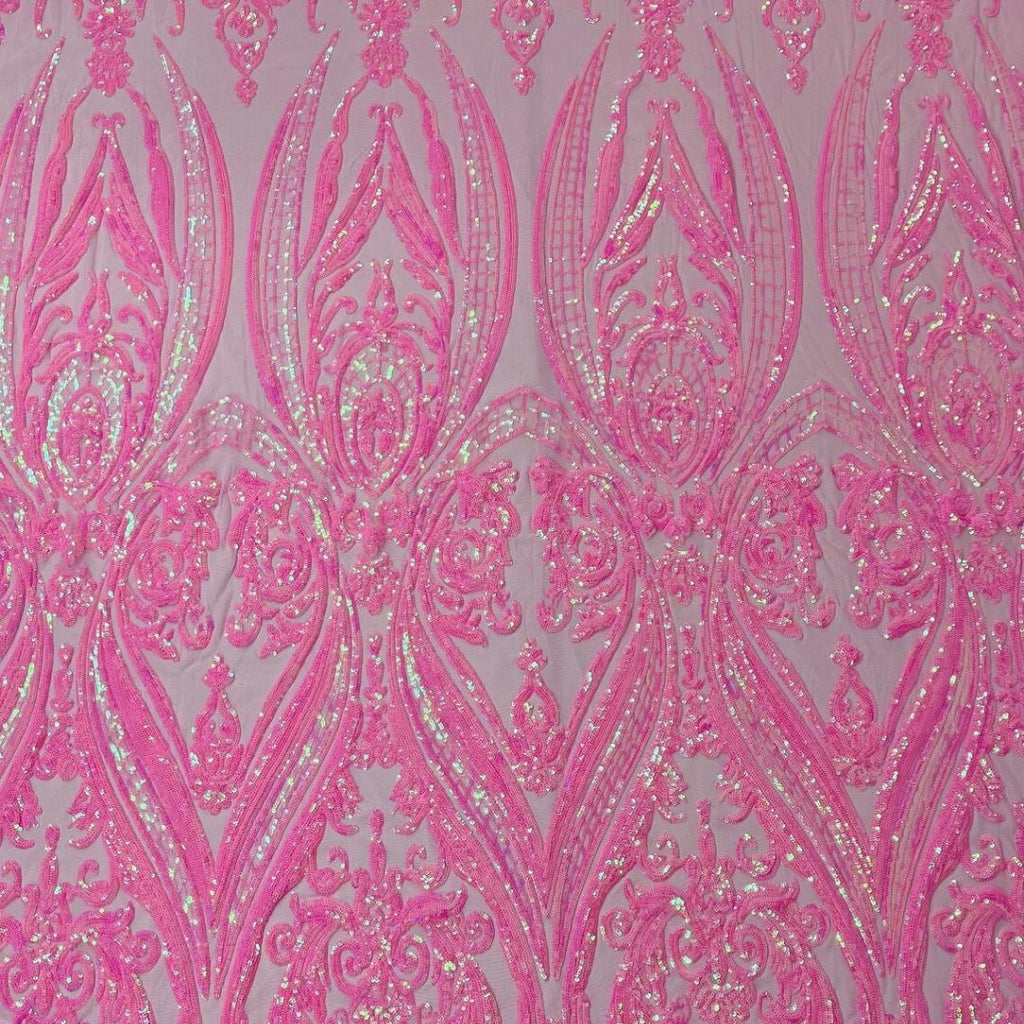 Candy Pink Iridescent - Marvelous Luxury Shiny Sequin 4-Way Stretch Mesh Fabric – Prom & Evening Dress Material By The Yard.