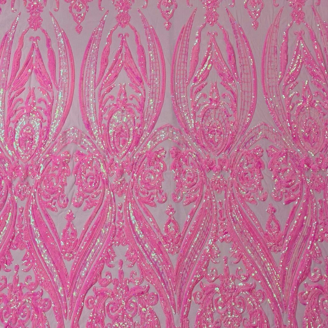 Candy Pink Iridescent - Marvelous Luxury Shiny Sequin 4-Way Stretch Mesh Fabric – Prom & Evening Dress Material By The Yard.
