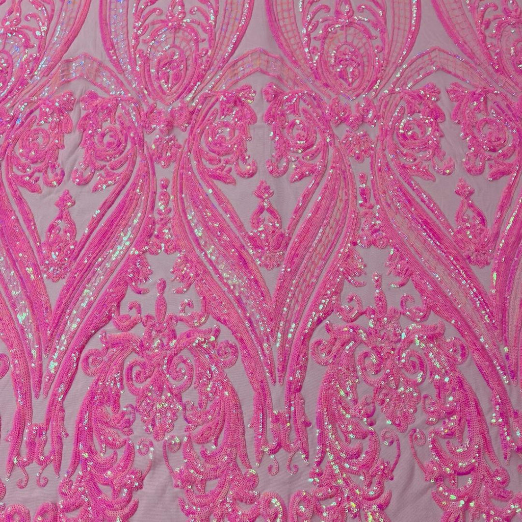 Candy Pink Iridescent - Marvelous Luxury Shiny Sequin 4-Way Stretch Mesh Fabric – Prom & Evening Dress Material By The Yard.