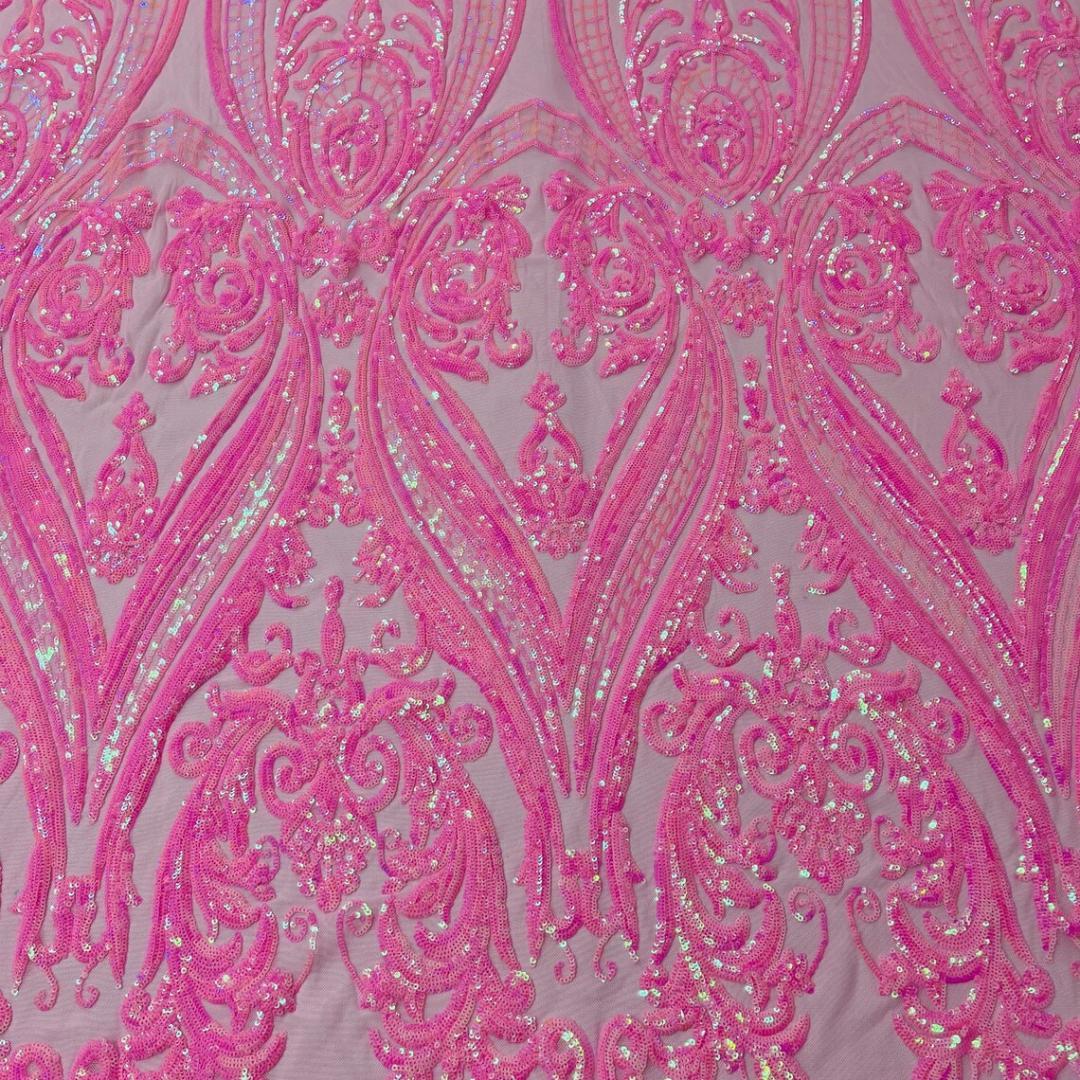 Candy Pink Iridescent - Marvelous Luxury Shiny Sequin 4-Way Stretch Mesh Fabric – Prom & Evening Dress Material By The Yard.