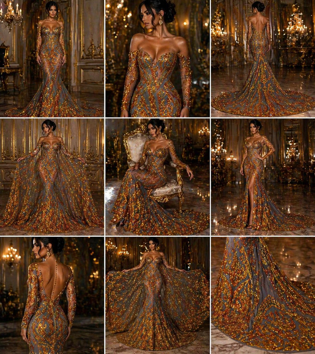 Orange/Gold Iridescent - Marvelous Luxury Shiny Sequin 4-Way Stretch Mesh Fabric – Prom & Evening Dress Material By The Yard.