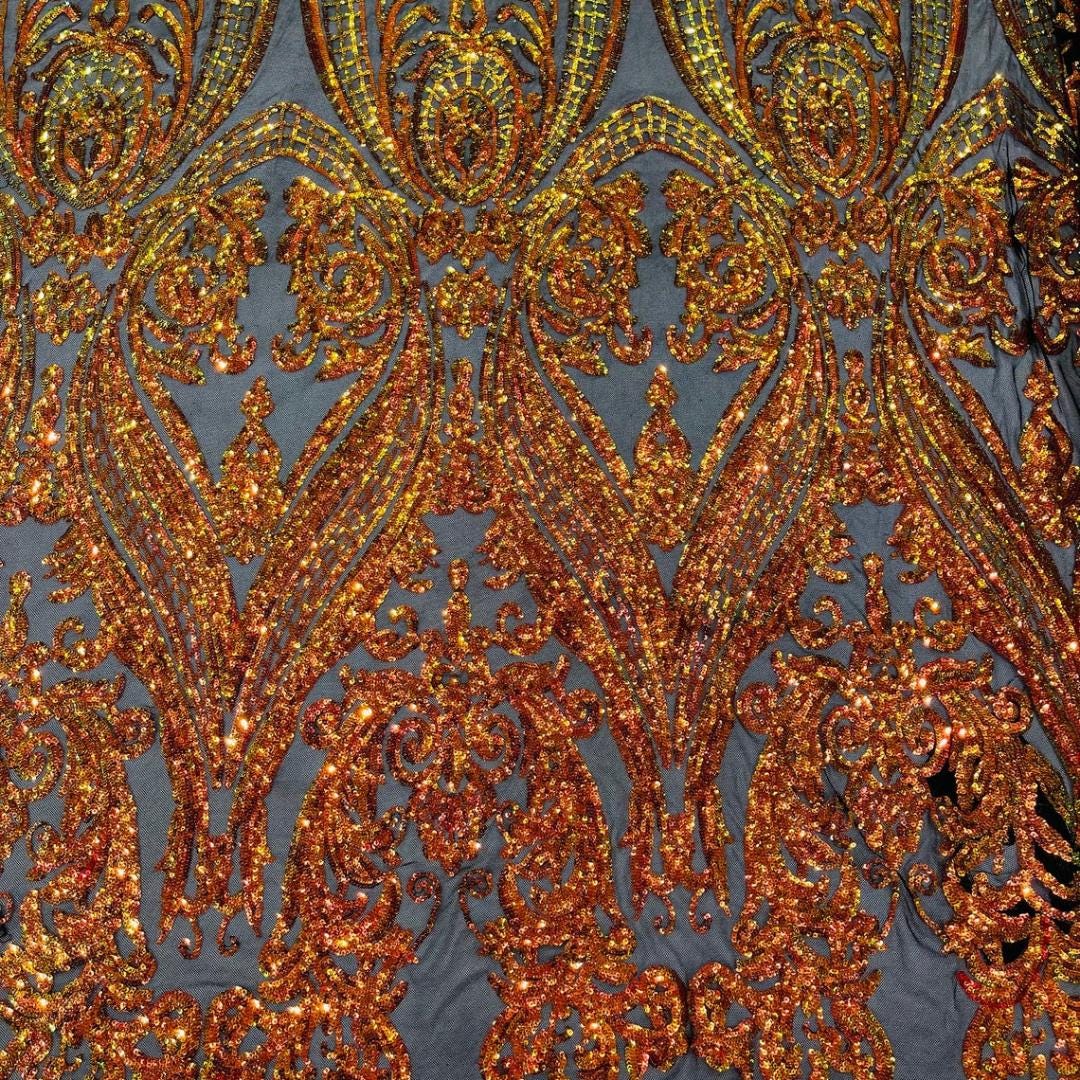 Orange/Gold Iridescent - Marvelous Luxury Shiny Sequin 4-Way Stretch Mesh Fabric – Prom & Evening Dress Material By The Yard.